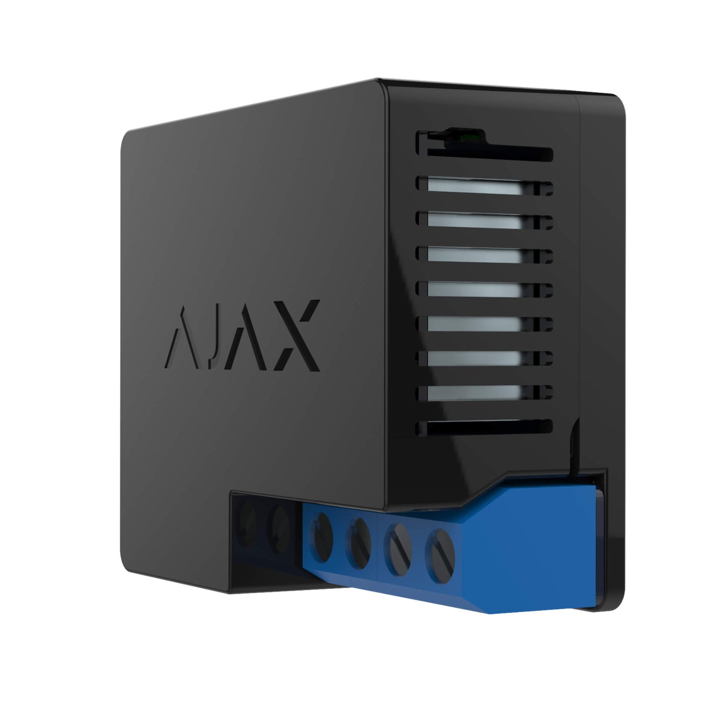 Black Ajax WallSwitch a device used to control 230volt appiances in youre home or business, connection is normally open or normally closed. The device is 39 × 33 × 18 mm in size , 30grams in weight. is Wall mountable using DIN holder. Turned left view of device for indoor installation only.