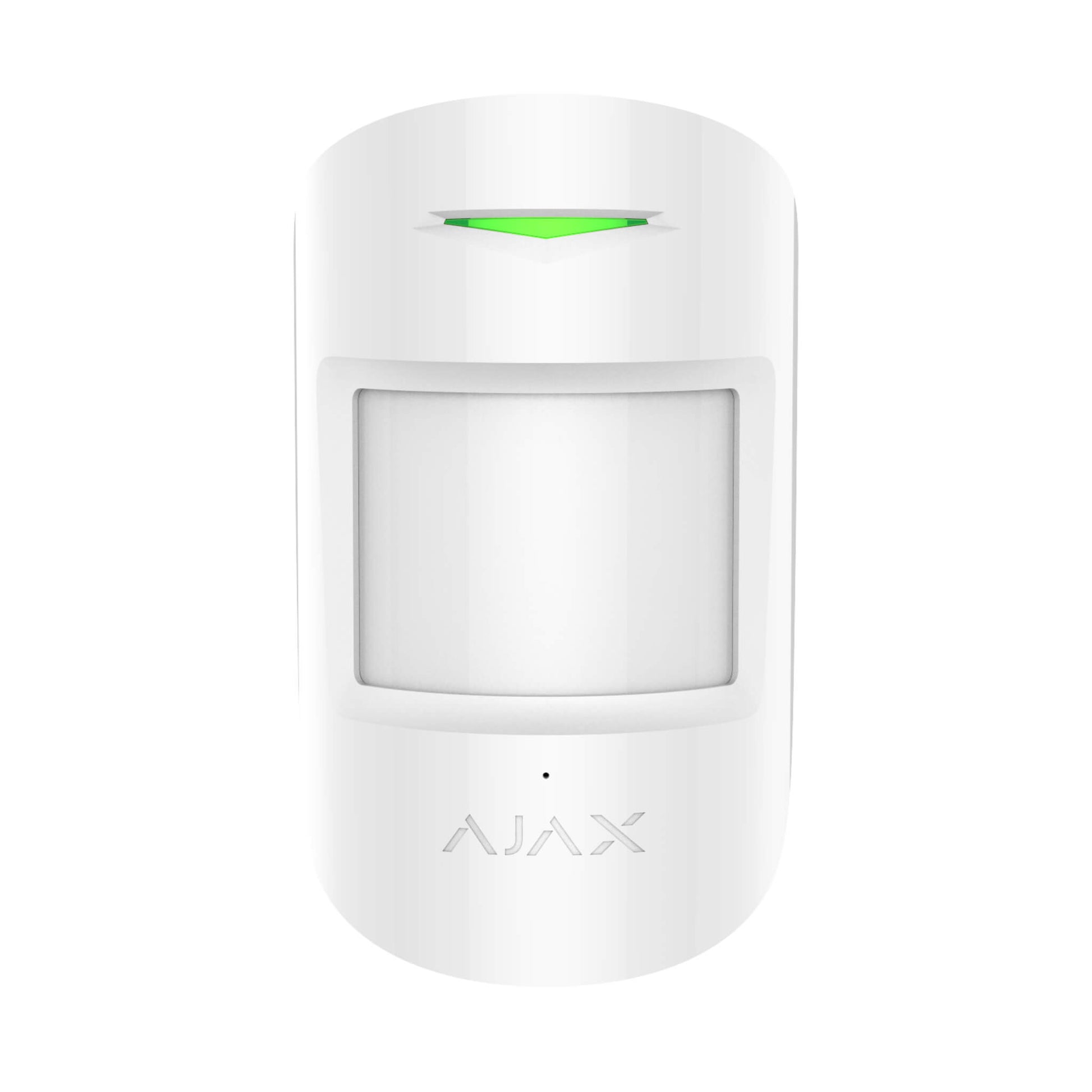 White Ajax CombiProtect Motion and vibration sensor for indoor or outdoor installations for home and business security, 110 × 65 × 50 mm in size, 92 grams in size. Front view of device 