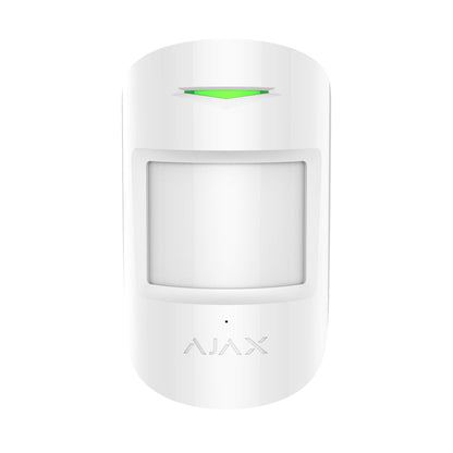 White Ajax CombiProtect Motion and vibration sensor for indoor or outdoor installations for home and business security, 110 × 65 × 50 mm in size, 92 grams in size. Front view of device 
