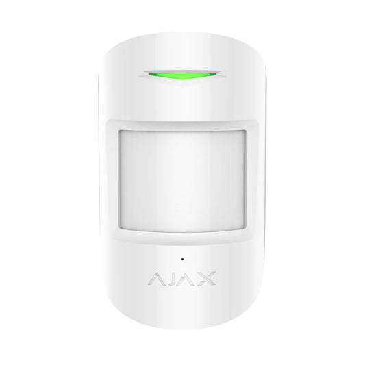 White Ajax CombiProtect Motion and vibration sensor for indoor or outdoor installations for home and business security, 110 × 65 × 50 mm in size, 92 grams in size. Front view of device 