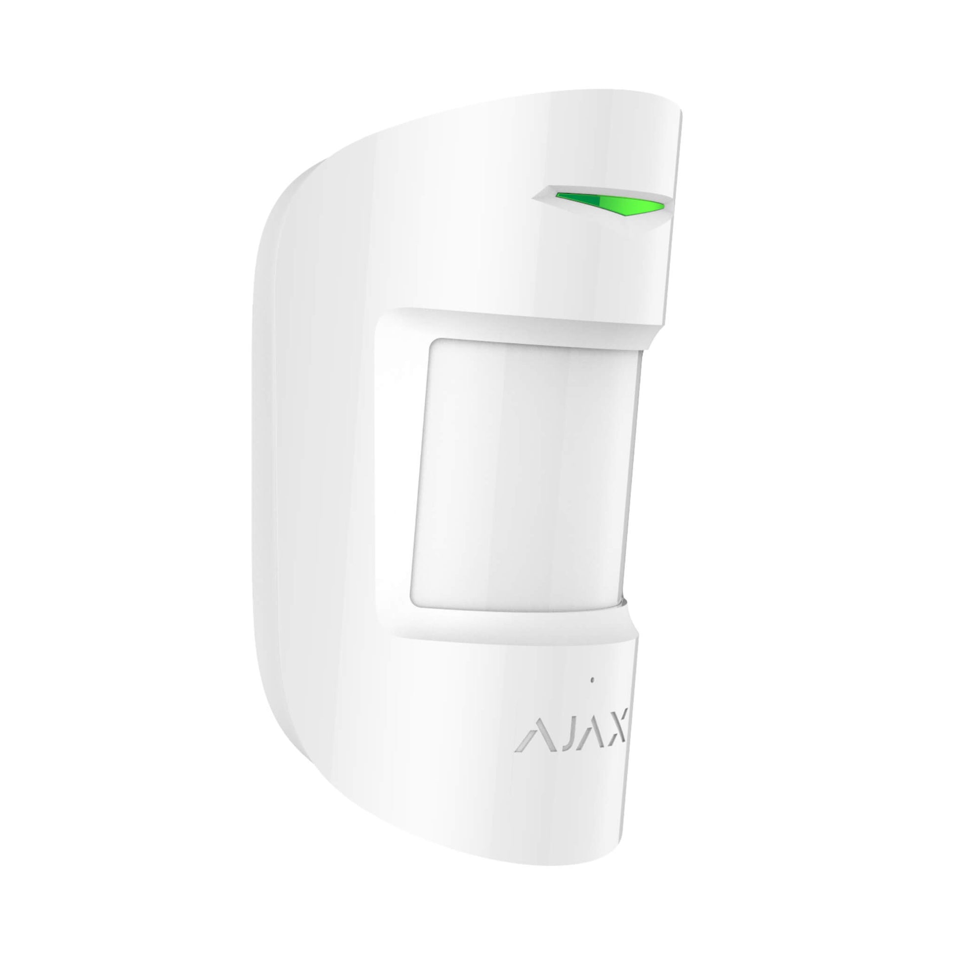 White Ajax CombiProtect Motion and vibration sensor for indoor or outdoor installations for home and business security, 110 × 65 × 50 mm in size, 92 grams in size. Turned left view of device 