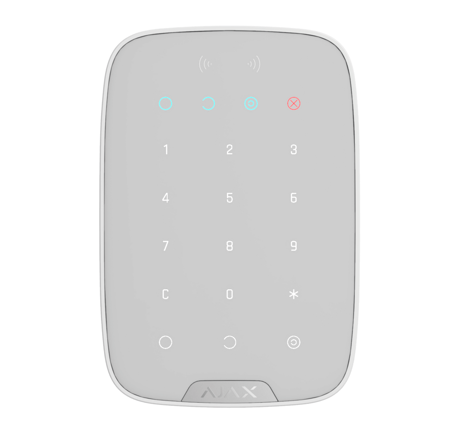 White Ajax KeyPad Plus a wireless touch keypad for home security, 165 × 113 × 20 mm in size, 267 grams in weight. used for the the Ajax security system, front view of device