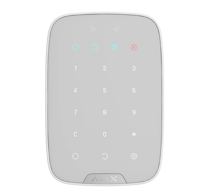 White Ajax KeyPad Plus a wireless touch keypad for home security, 165 × 113 × 20 mm in size, 267 grams in weight. used for the the Ajax security system, front view of device