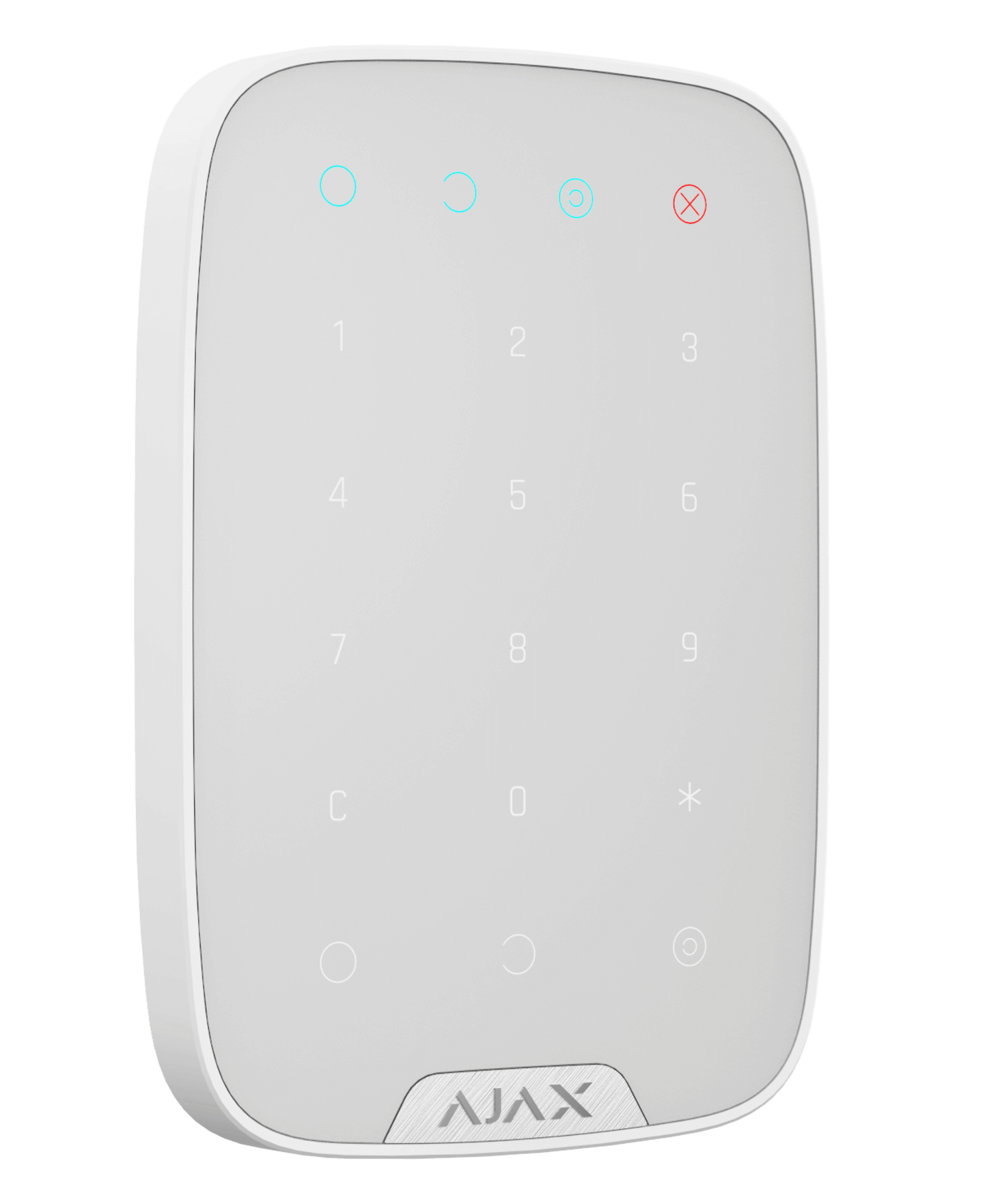 White Ajax KeyPad a practical numerical keypad for alarm system control,  150 × 103 × 14 mm in size , 197grams in weight for smart home and business security, turned view