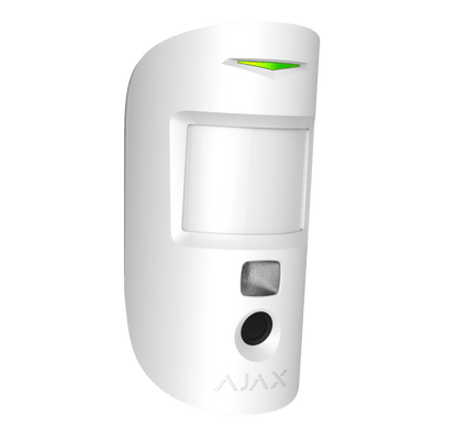 White Ajax MotionCam (PhoD) a wireless motion detector with a built in camera for home and business security, 110 × 65 × 50 mm in size, 86 grams in weight. turned view of device
