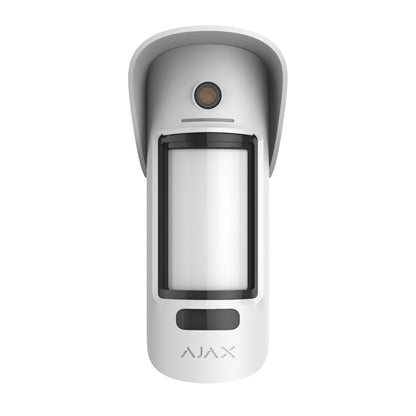 White Ajax MotionCam (PhoD) Outdoor - a wireless motion detector with camera for photo real verification of alarms , for home and business security. the device ships in a size of 206 × 108 × 93 mm. and weighs 470 grams. Device is rated IP65 and is for outdoor use only, Front view of device is displayed  