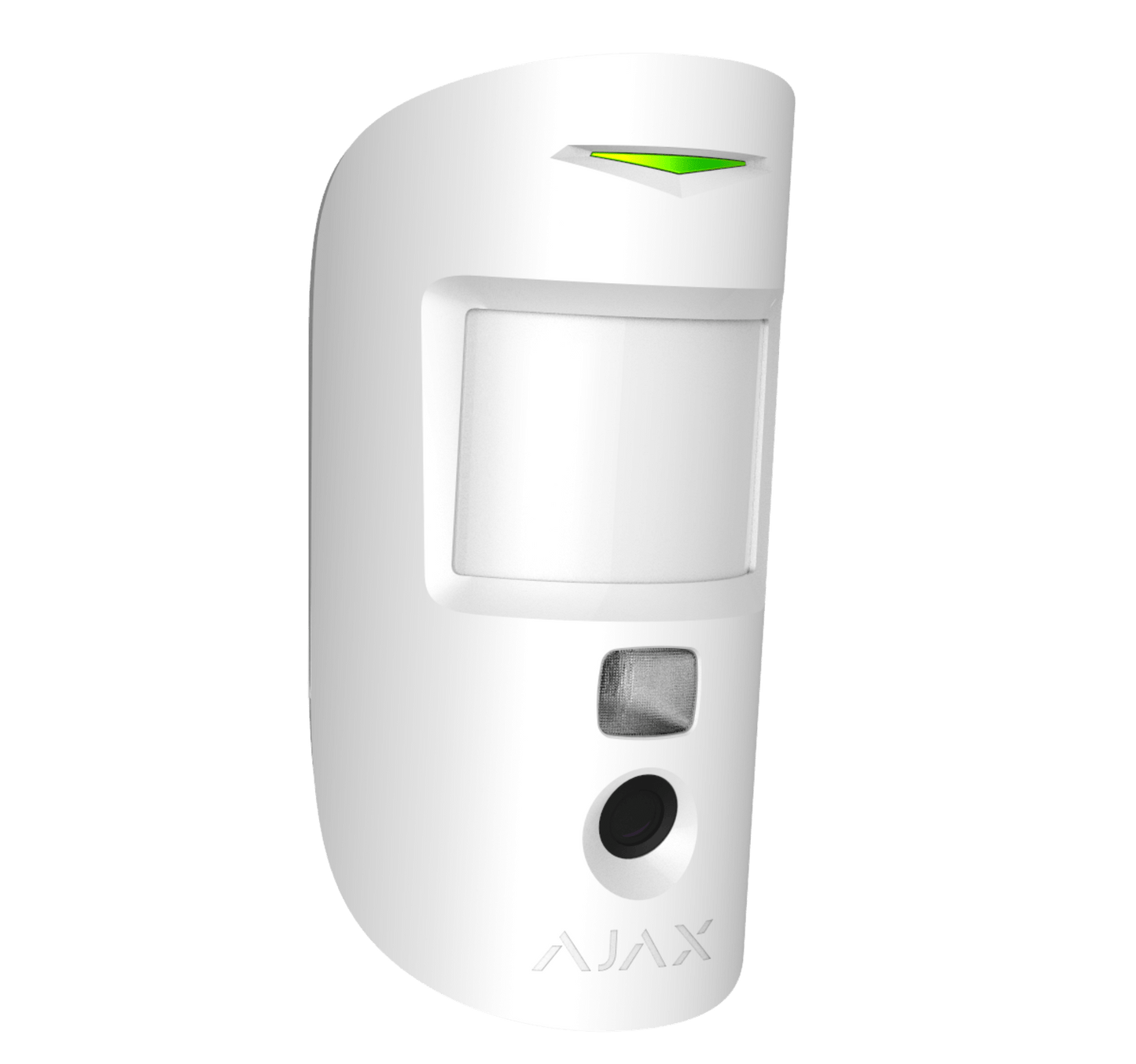 White Ajax MotionCam a wireless motion detector with a built in camera for home and business security, 110 × 65 × 50 mm in size, 86 grams in weight. turned view of device