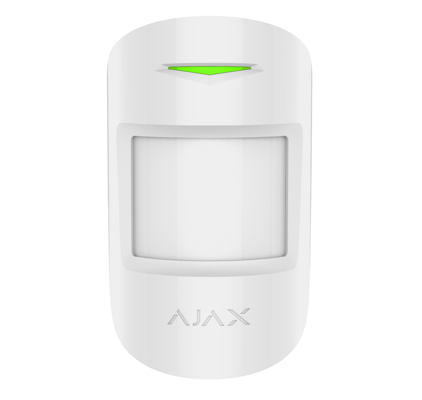 White Ajax MotionProtect wireless motion sensor from Ajax Security Systems, 110 × 65 × 50 mm in size, 86grams in weight . for smart home and business security, front view of device