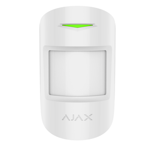 White Ajax MotionProtect wireless motion sensor from Ajax Security Systems, 110 × 65 × 50 mm in size, 86grams in weight . for smart home and business security, front view of device