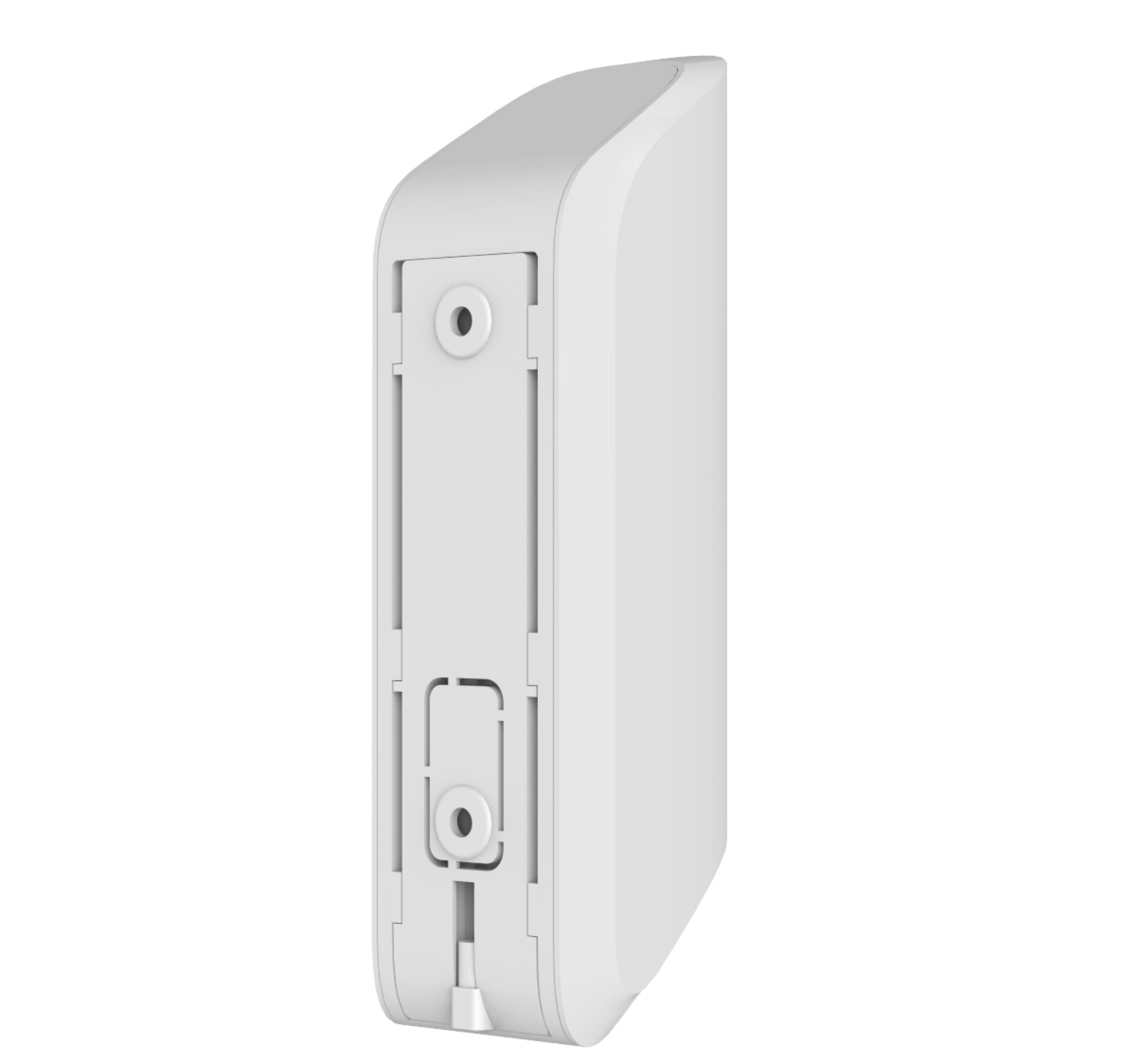 White Ajax MotionProtect Curtain detector a wireless motion detector for business and home security,  134 × 44 × 34 mm in size , 118grams in weight, Backside view of device