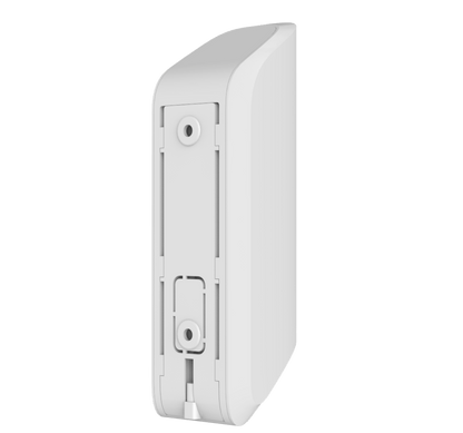 White Ajax MotionProtect Curtain detector a wireless motion detector for business and home security,  134 × 44 × 34 mm in size , 118grams in weight, Backside view of device