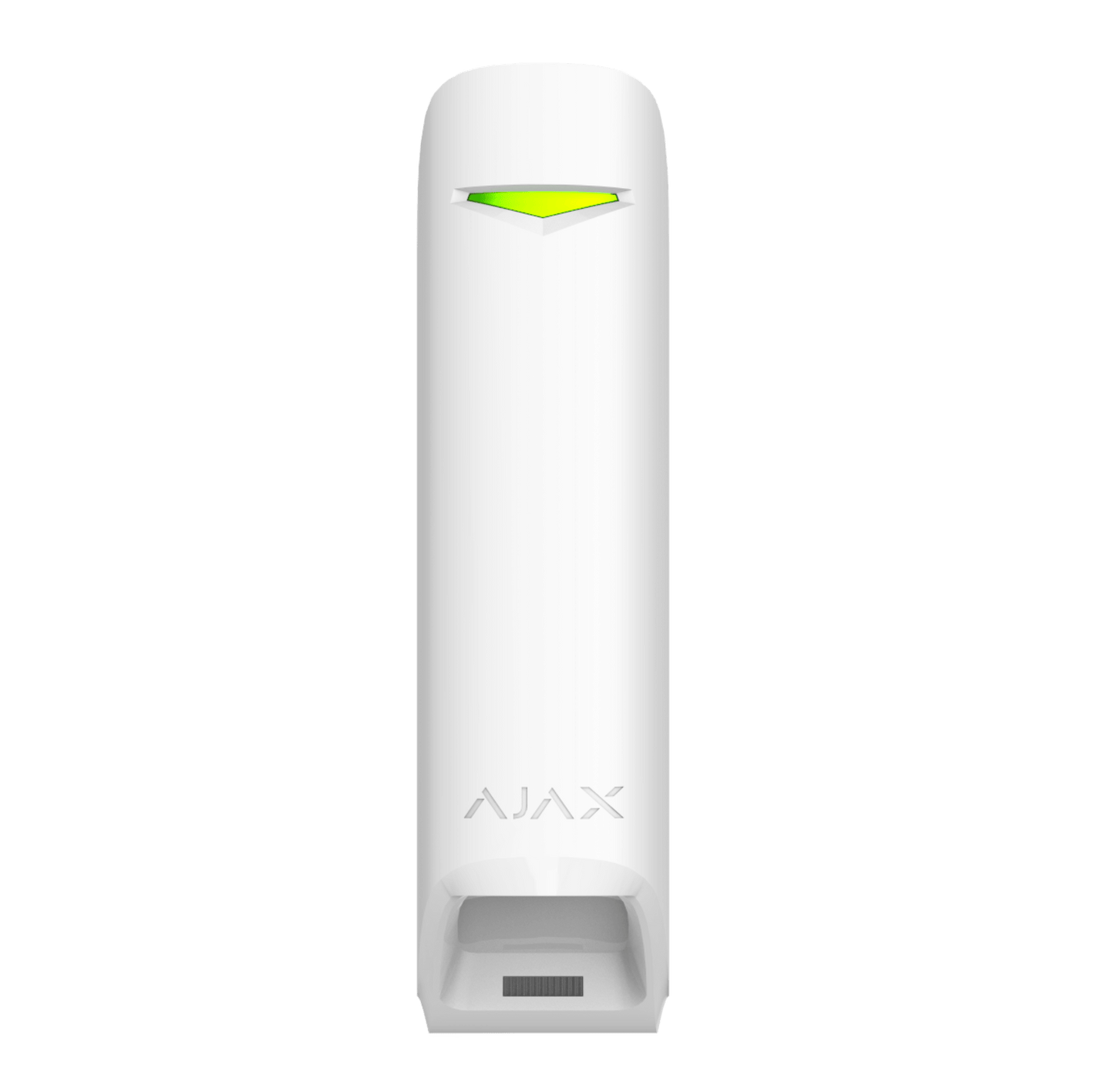 White Ajax MotionProtect Curtain detector a wireless motion detector for business and home security,  134 × 44 × 34 mm in size , 118grams in weight, Front view of device