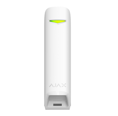 White Ajax MotionProtect Curtain detector a wireless motion detector for business and home security,  134 × 44 × 34 mm in size , 118grams in weight, Front view of device