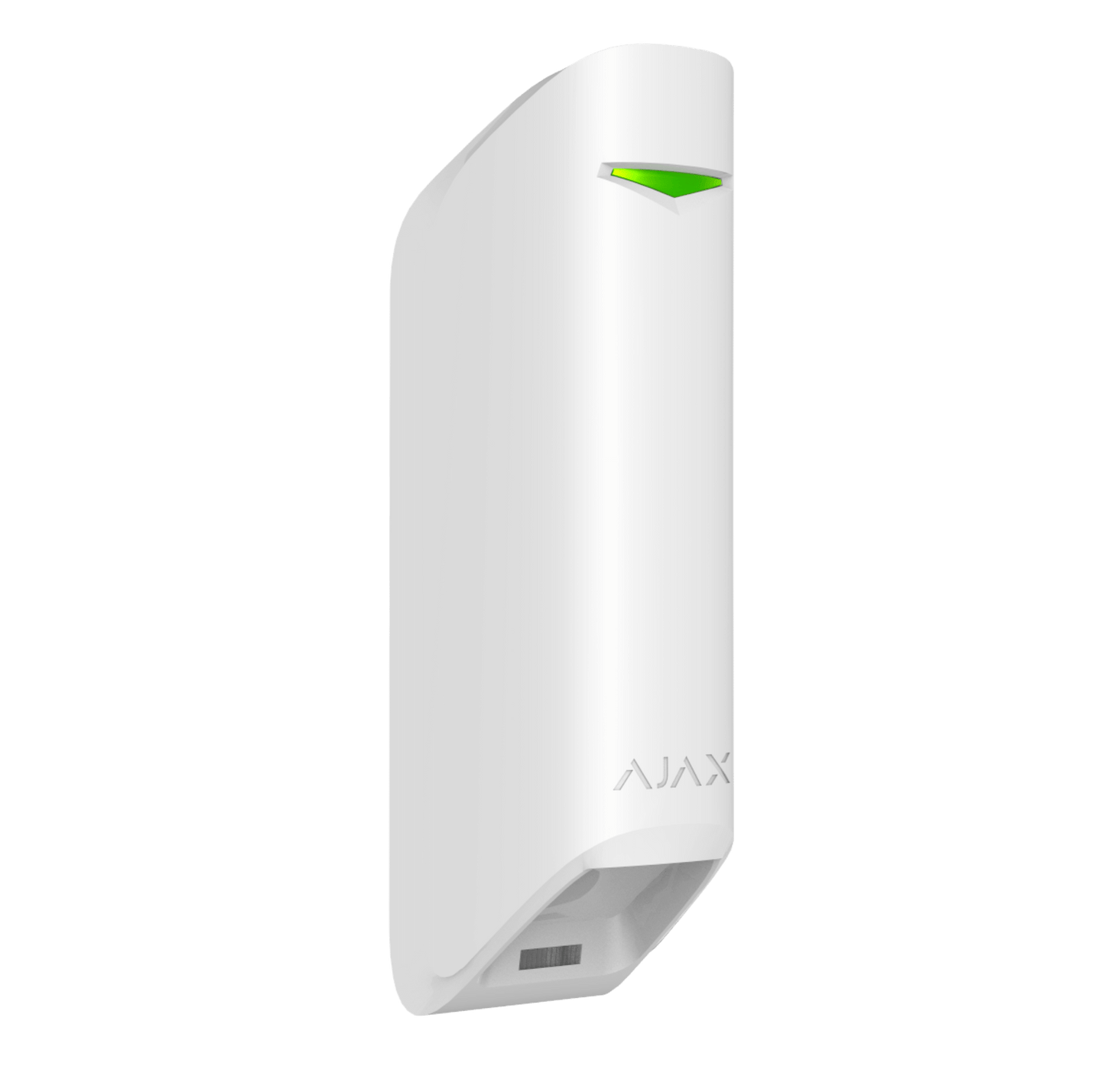 White Ajax MotionProtect Curtain detector a wireless motion detector for business and home security,  134 × 44 × 34 mm in size , 118grams in weight, Turned view of device