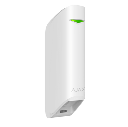 White Ajax MotionProtect Curtain detector a wireless motion detector for business and home security,  134 × 44 × 34 mm in size , 118grams in weight, Turned view of device