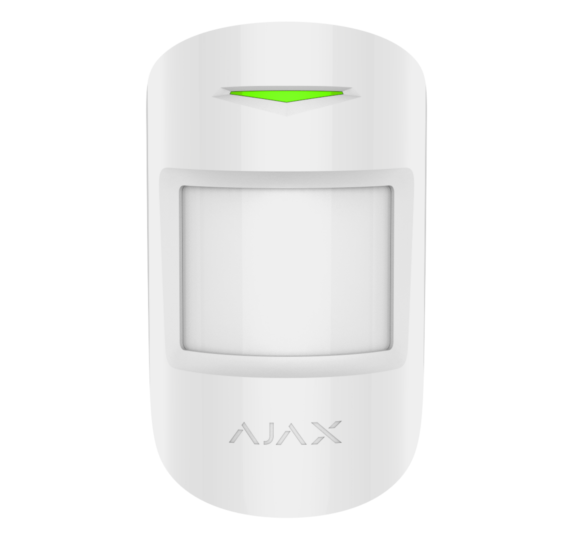 White Ajax MotionProtect plus from Ajax Security Systems sold by, a wireless motion sensor for home and business security. Device is 110 × 65 × 50 mm in size, 96 grams in weight, this is the front view of the device displayed in the image. buy Ajax security products online