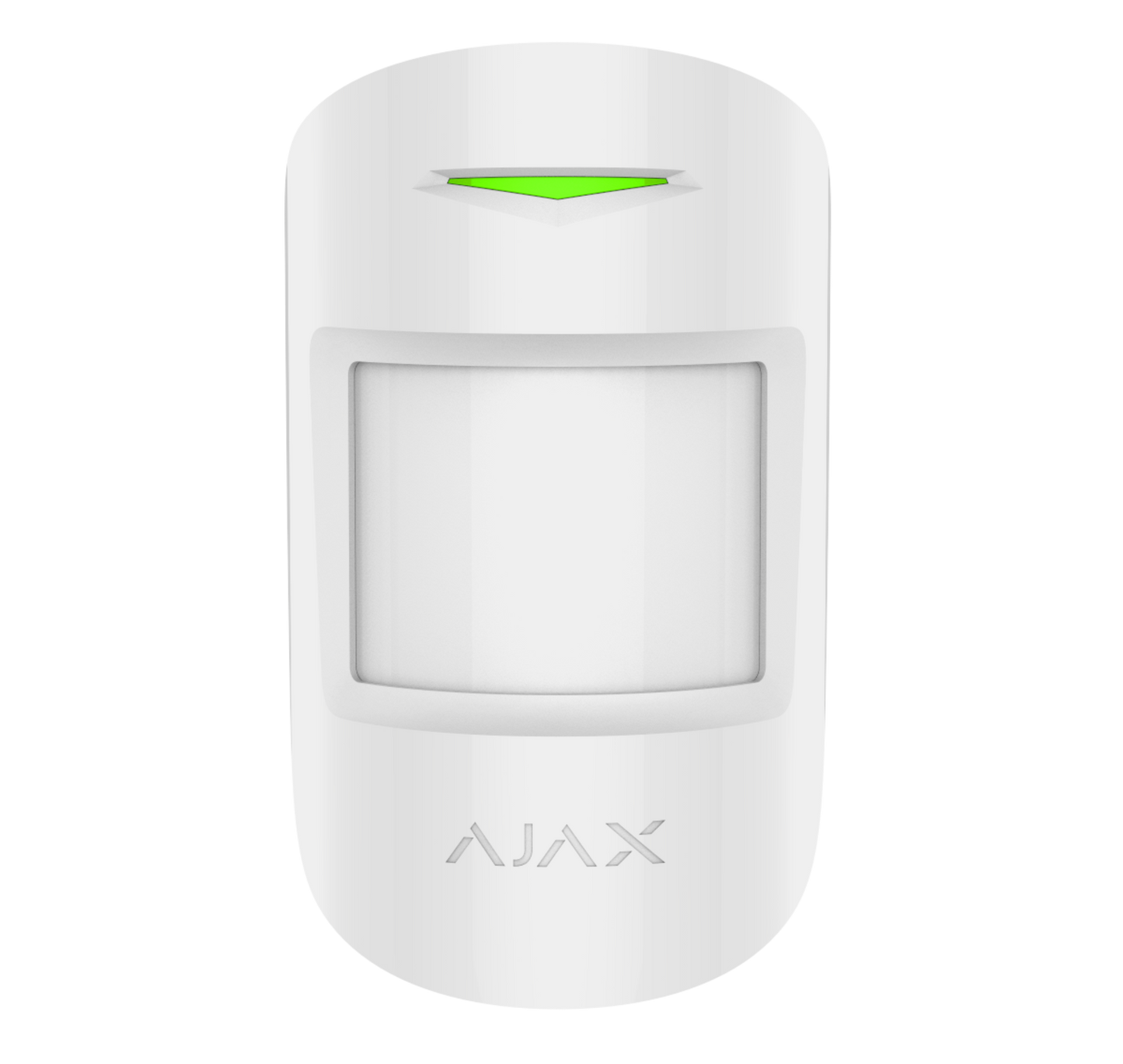 White Ajax MotionProtect plus from Ajax Security Systems sold by, a wireless motion sensor for home and business security. Device is 110 × 65 × 50 mm in size, 96 grams in weight, this is the front view of the device displayed in the image. buy Ajax security products online