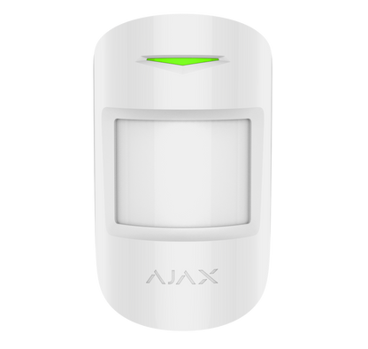 White Ajax MotionProtect plus from Ajax Security Systems sold by, a wireless motion sensor for home and business security. Device is 110 × 65 × 50 mm in size, 96 grams in weight, this is the front view of the device displayed in the image. buy Ajax security products online