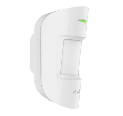 White Ajax MotionProtect plus from Ajax Security Systems, a wireless motion sensor for home and business security. Device is 110 × 65 × 50 mm in size, 96 grams in weight, this is the side view of the device displayed in the image. buy Ajax alarm systems online