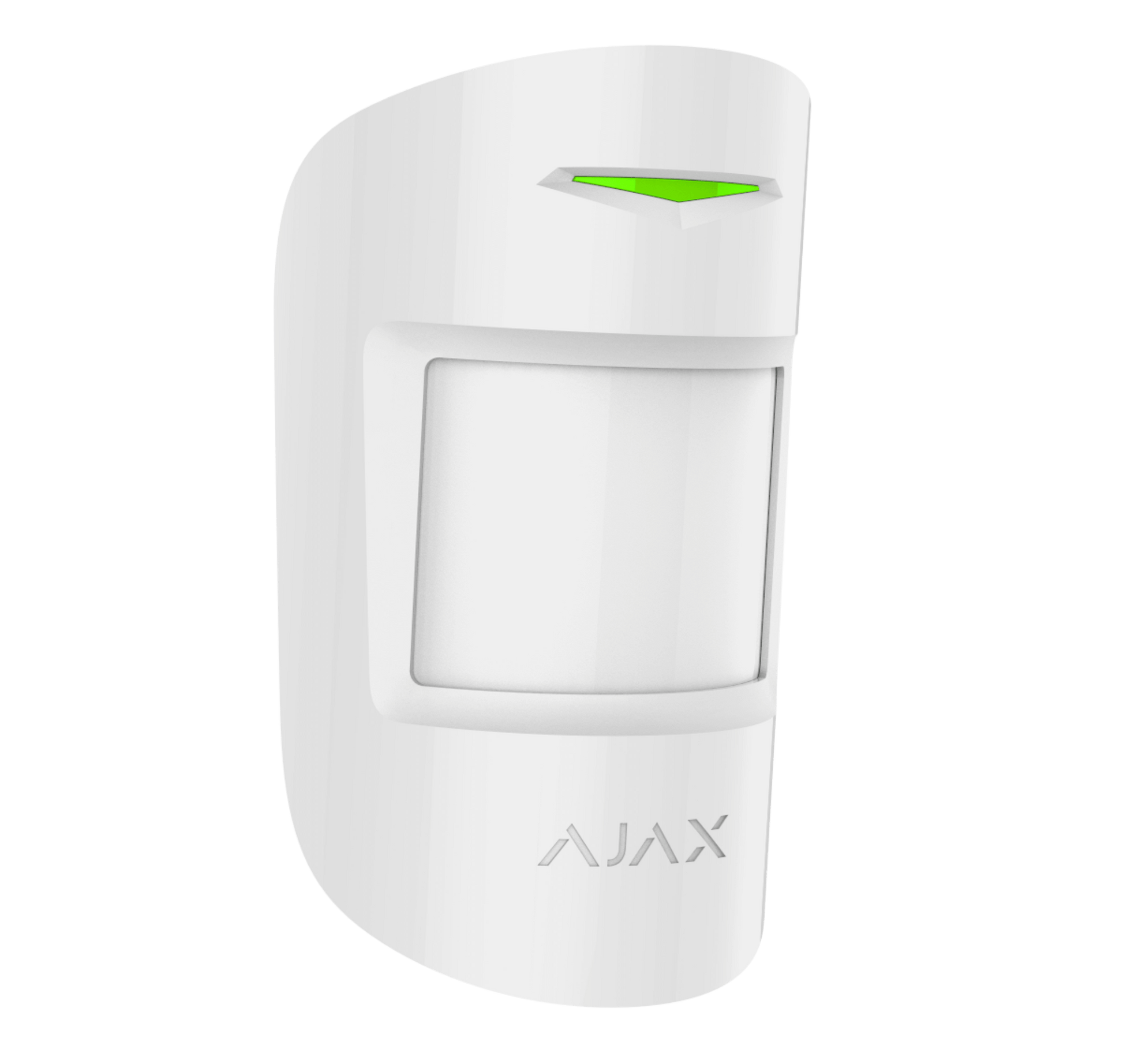 White Ajax MotionProtect plus from Ajax Security Systems, a wireless motion sensor for home and business security. Device is 110 × 65 × 50 mm in size, 96 grams in weight, this is the turned view of the device displayed in the image. buy Ajax security systems online , wireless driveway alarm.