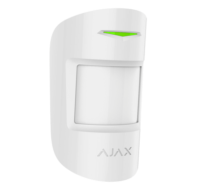 White Ajax MotionProtect plus from Ajax Security Systems, a wireless motion sensor for home and business security. Device is 110 × 65 × 50 mm in size, 96 grams in weight, this is the turned view of the device displayed in the image. buy Ajax security systems online , wireless driveway alarm.
