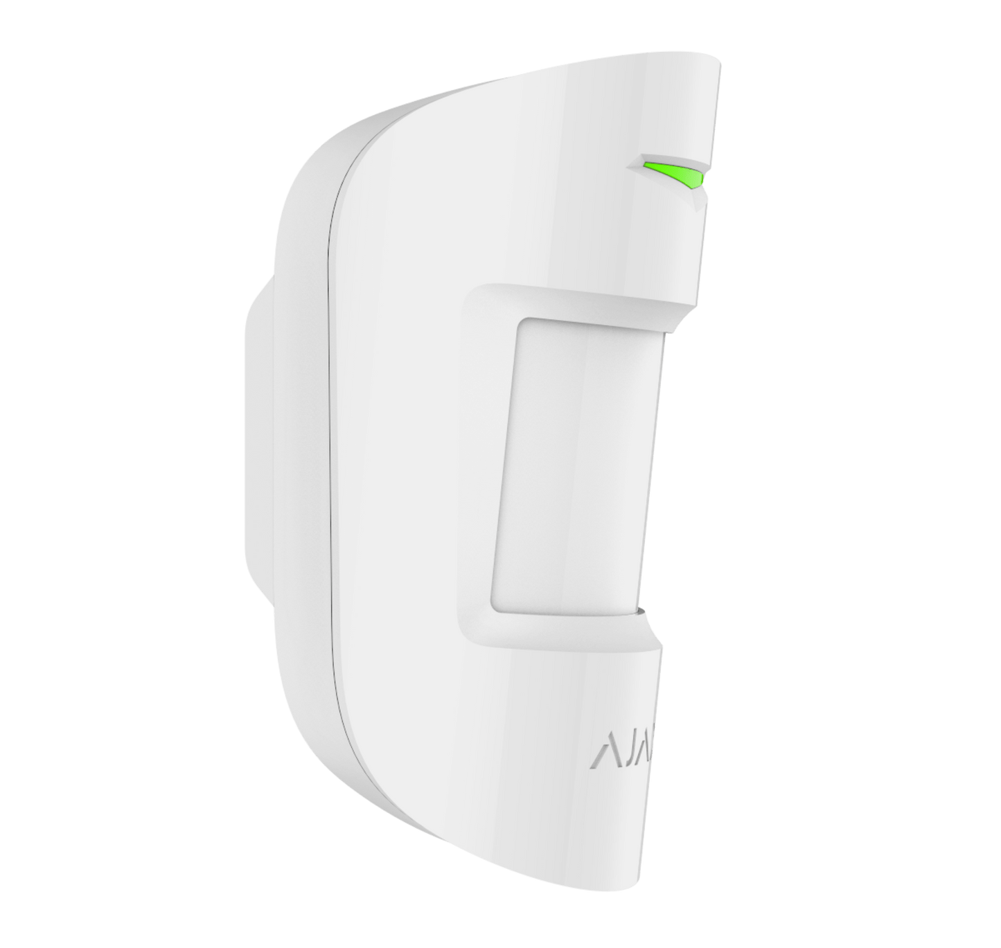 White Ajax MotionProtect wireless motion sensor from Ajax Security Systems, 110 × 65 × 50 mm in size, 86grams in weight . for smart home and business security, Side view of device