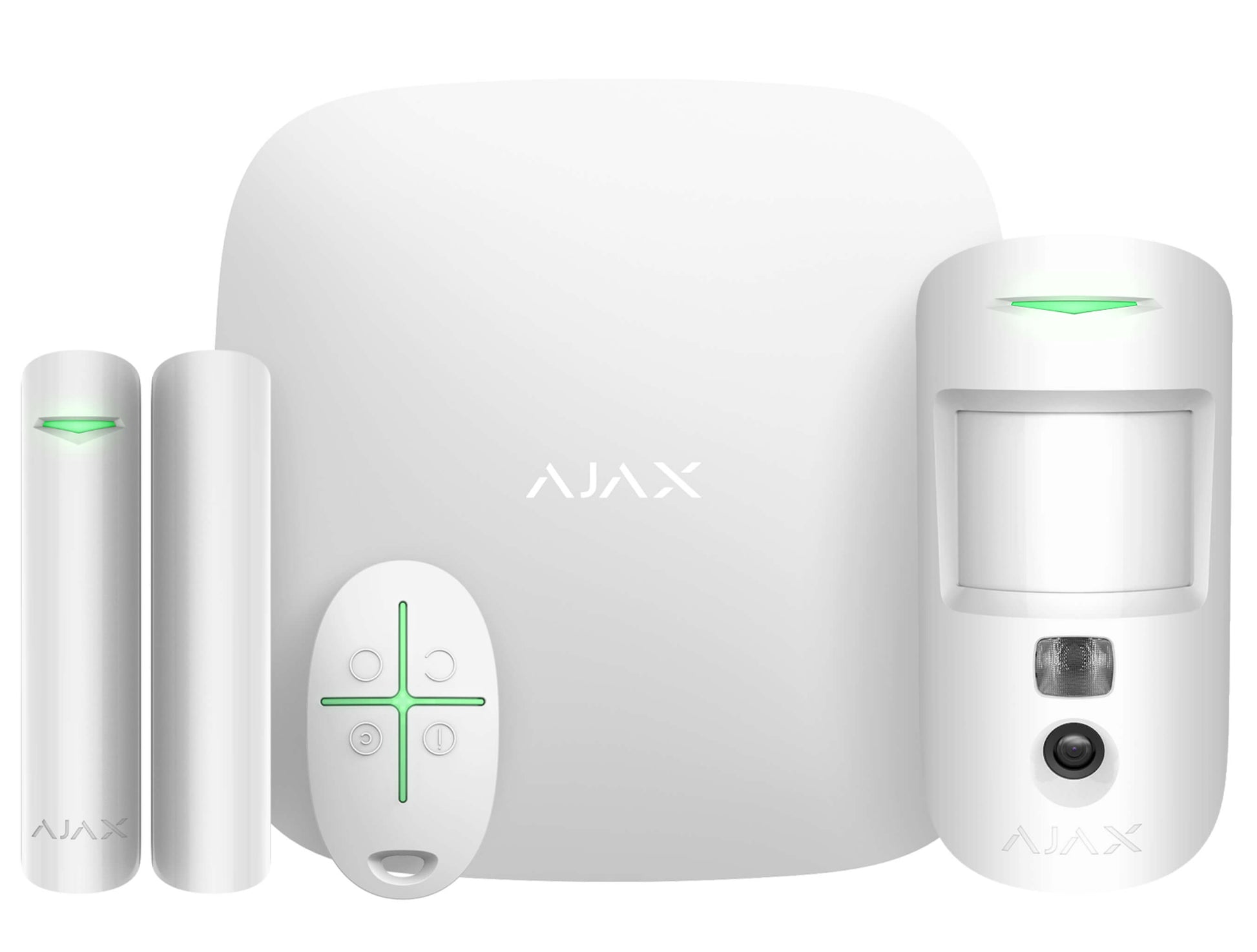 White Ajax StarterKit - a fully wireless system from Ajax security systems includes a Ajax Hub 2 plus, Ajax MotionCam, Ajax DoorProtect, Ajax SpaceControl all you need from small home or business solutions, Comes boxed up for convenience 