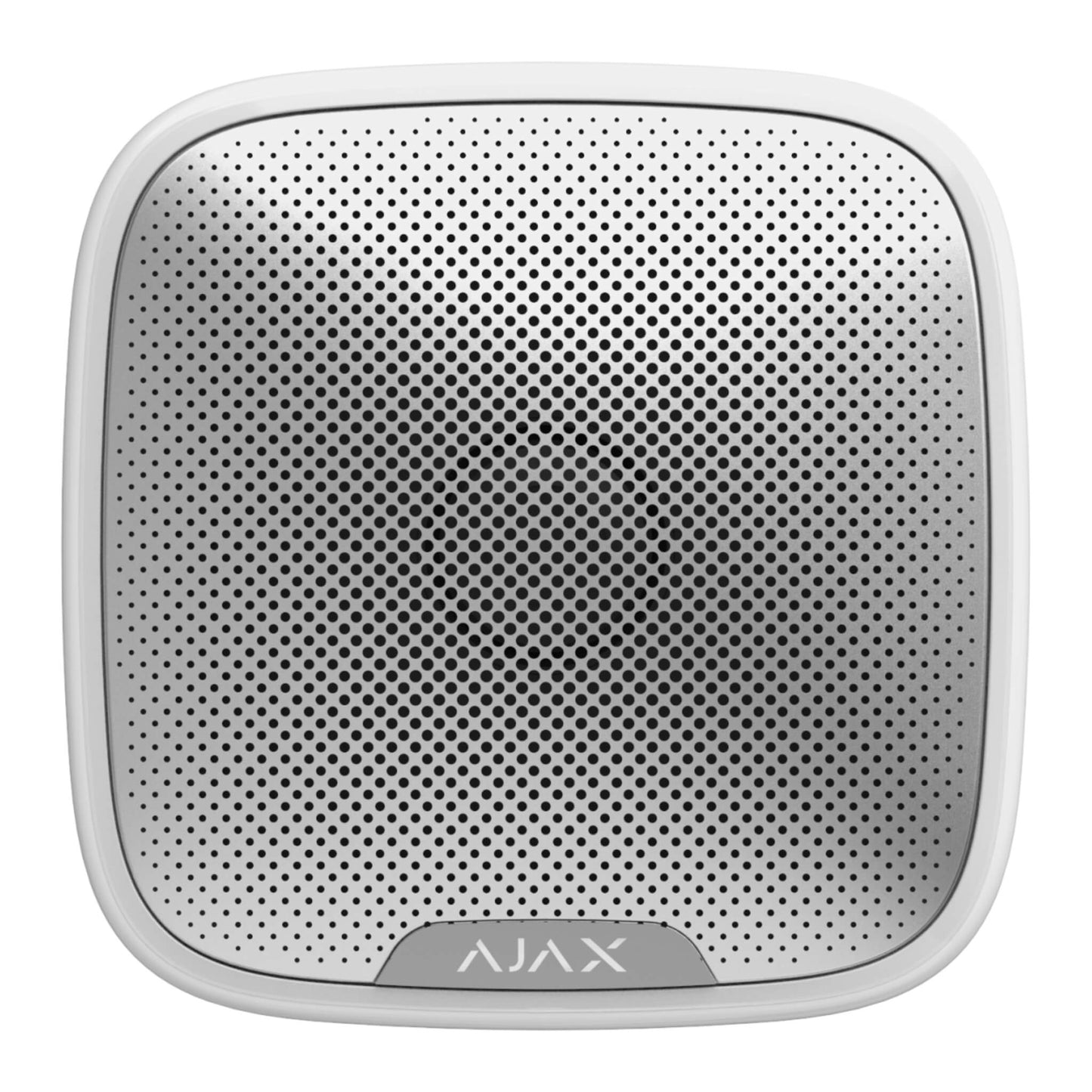 White Ajax StreetSiren - a wireless siren for indoor or outdoor use, used for Ajax security systems, for smart home and business security. 75 × 76 × 27 mm i size, 97grams in wieght, The siren comes in black or white color. Buy Ajax Security Systems online, front view of device shown