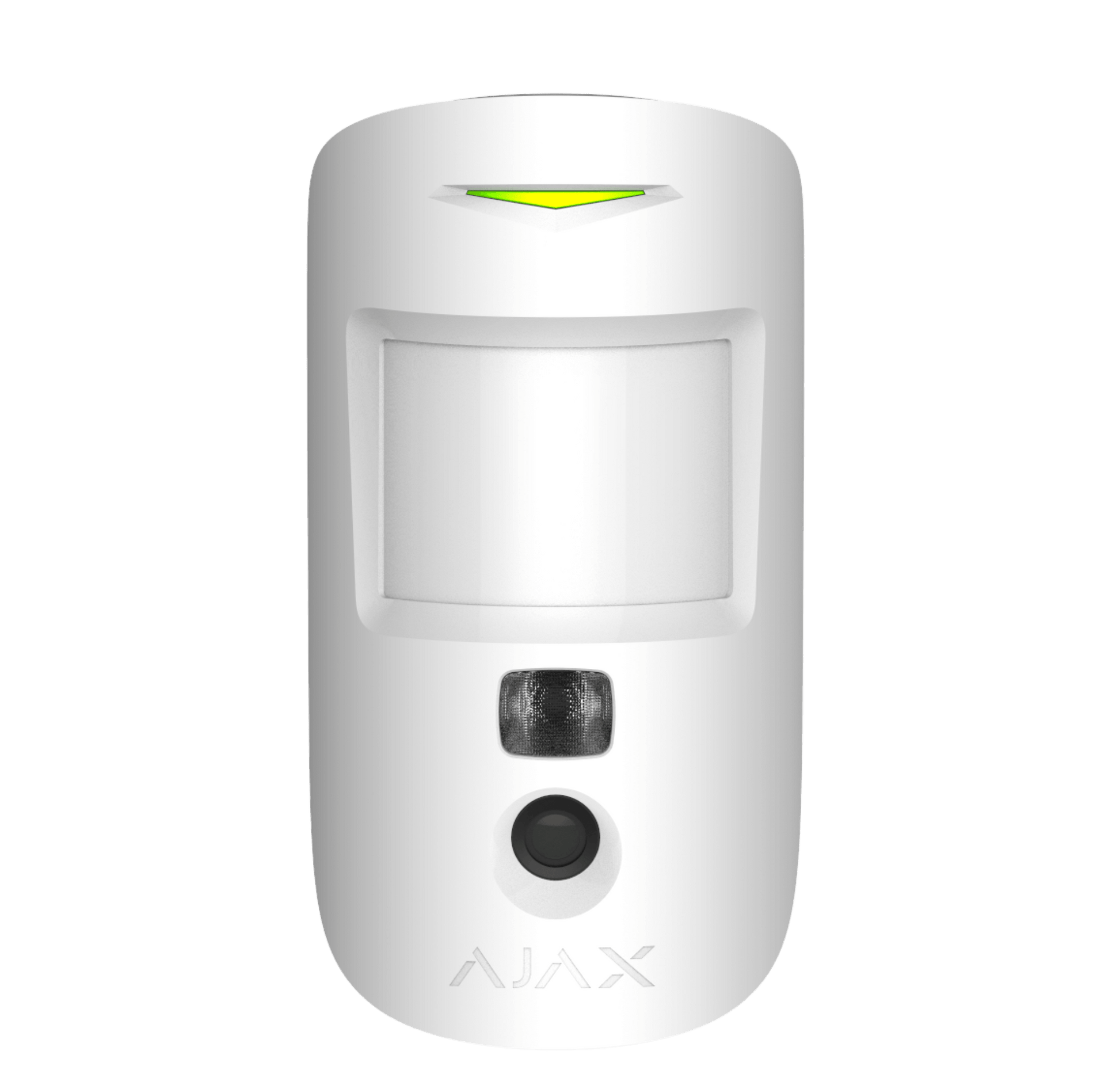 White Ajax MotionCam a wireless motion detector with a built in camera for home and business security, 110 × 65 × 50 mm in size, 86 grams in weight. front view of device