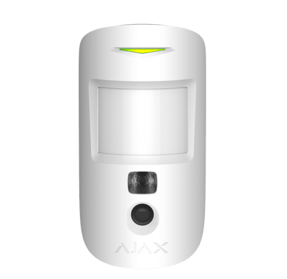 White Ajax MotionCam a wireless motion detector with a built in camera for home and business security, 110 × 65 × 50 mm in size, 86 grams in weight. front view of device