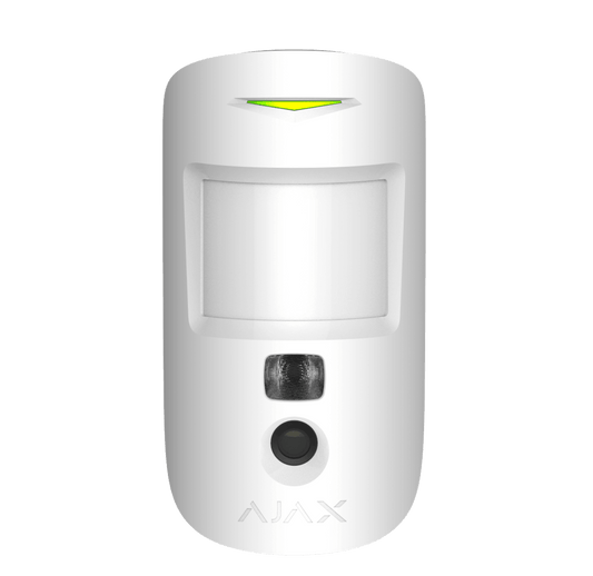 White Ajax MotionCam (PhoD) a wireless motion detector with a built in camera for home and business security, 110 × 65 × 50 mm in size, 86 grams in weight. front view of device