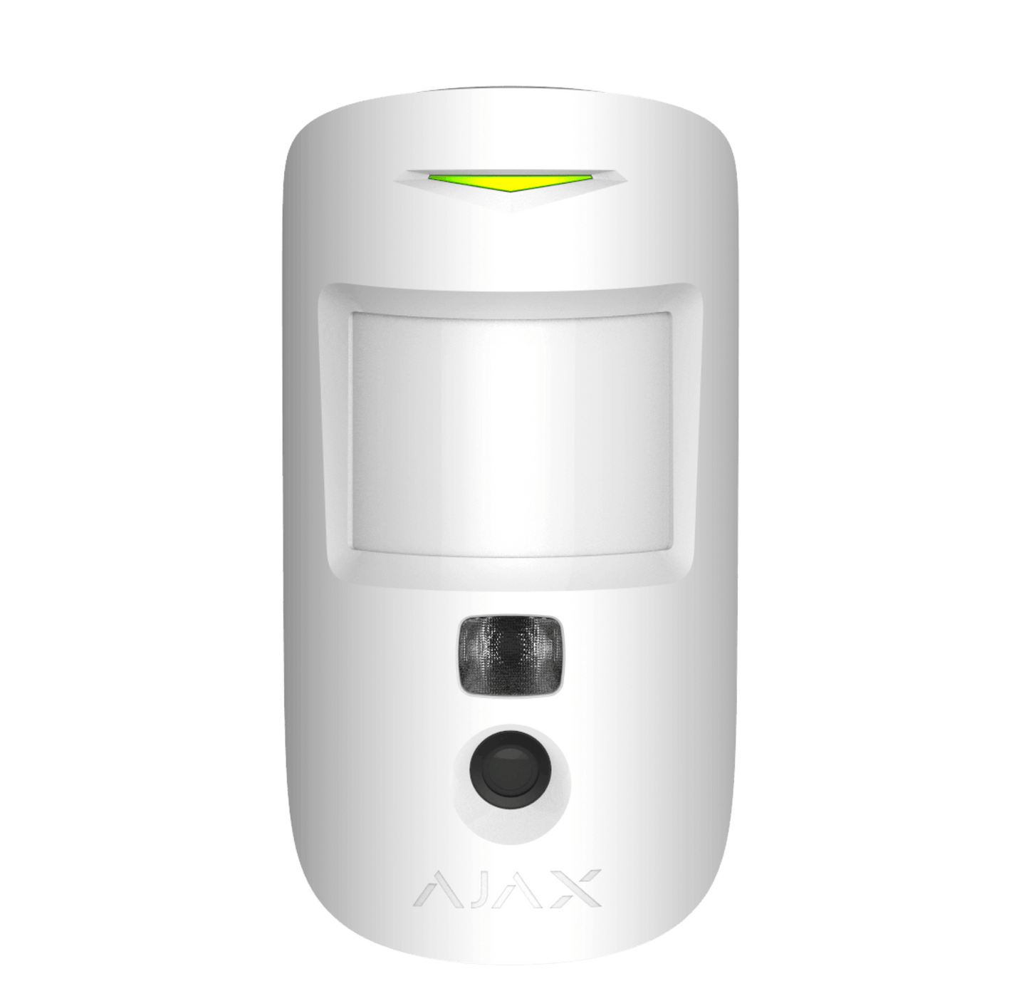 White Ajax MotionCam (PhoD) a wireless motion detector with a built in camera for home and business security, 110 × 65 × 50 mm in size, 86 grams in weight. front view of device