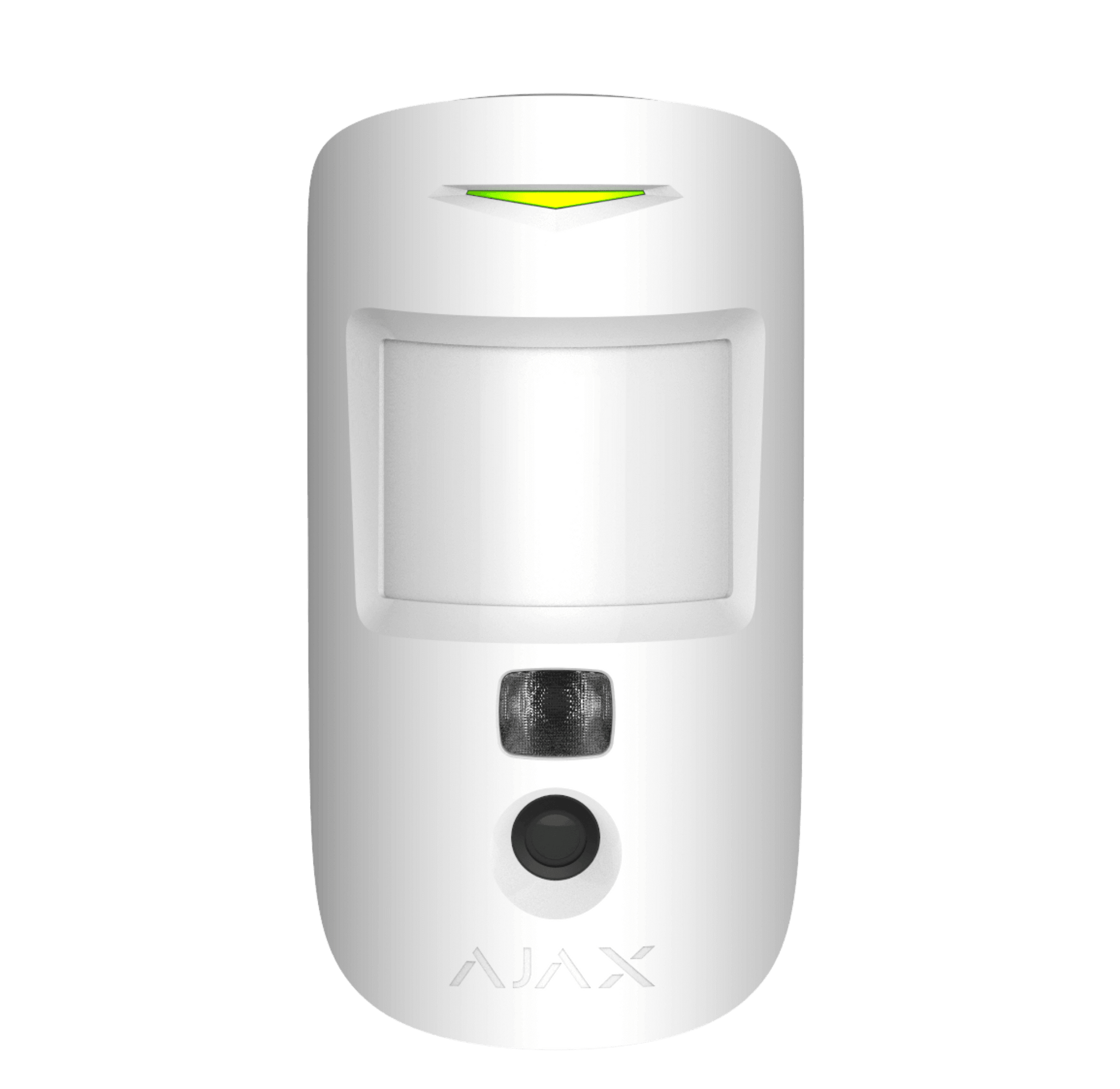 White Ajax MotionCam (PhoD) a wireless motion detector with a built in camera for home and business security, 110 × 65 × 50 mm in size, 86 grams in weight. front view of device