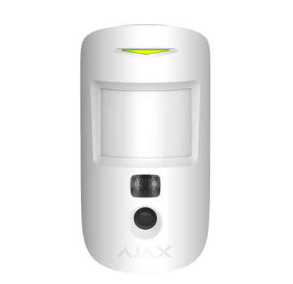 White Ajax MotionCam (PhoD) a wireless motion detector with a built in camera for home and business security, 110 × 65 × 50 mm in size, 86 grams in weight. front view of device