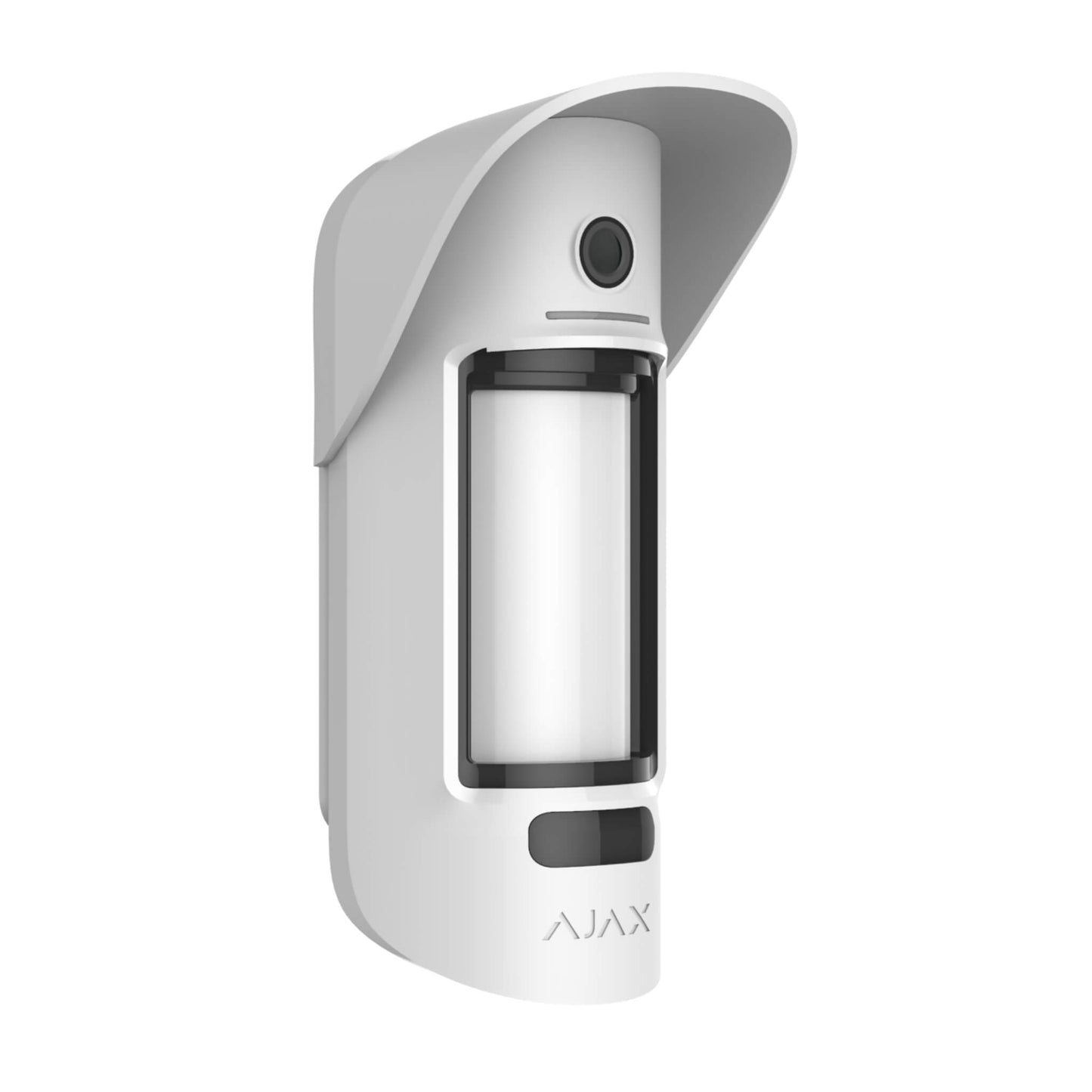 White Ajax MotionCam (PhoD) Outdoor - a wireless motion detector with camera for photo real verification of alarms , for home and business security. the device ships in a size of 206 × 108 × 93 mm. and weighs 470 grams. Device is rated IP65 and is for outdoor use only, Turned left view of device is displayed 