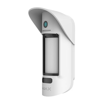 White Ajax MotionCam (PhoD) Outdoor - a wireless motion detector with camera for photo real verification of alarms , for home and business security. the device ships in a size of 206 × 108 × 93 mm. and weighs 470 grams. Device is rated IP65 and is for outdoor use only, turned right view of device is displayed 