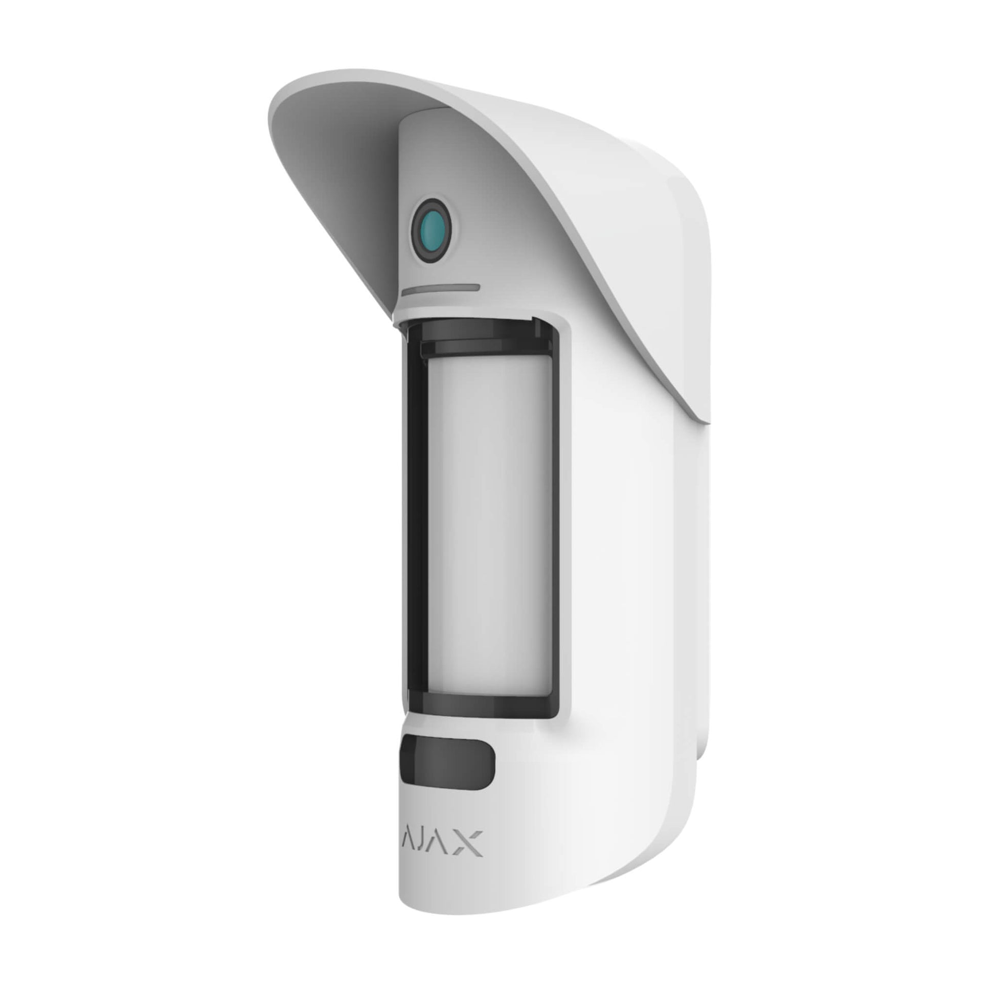White Ajax MotionCam (PhoD) Outdoor - a wireless motion detector with camera for photo real verification of alarms , for home and business security. the device ships in a size of 206 × 108 × 93 mm. and weighs 470 grams. Device is rated IP65 and is for outdoor use only, turned right view of device is displayed. Buy Ajax Online 