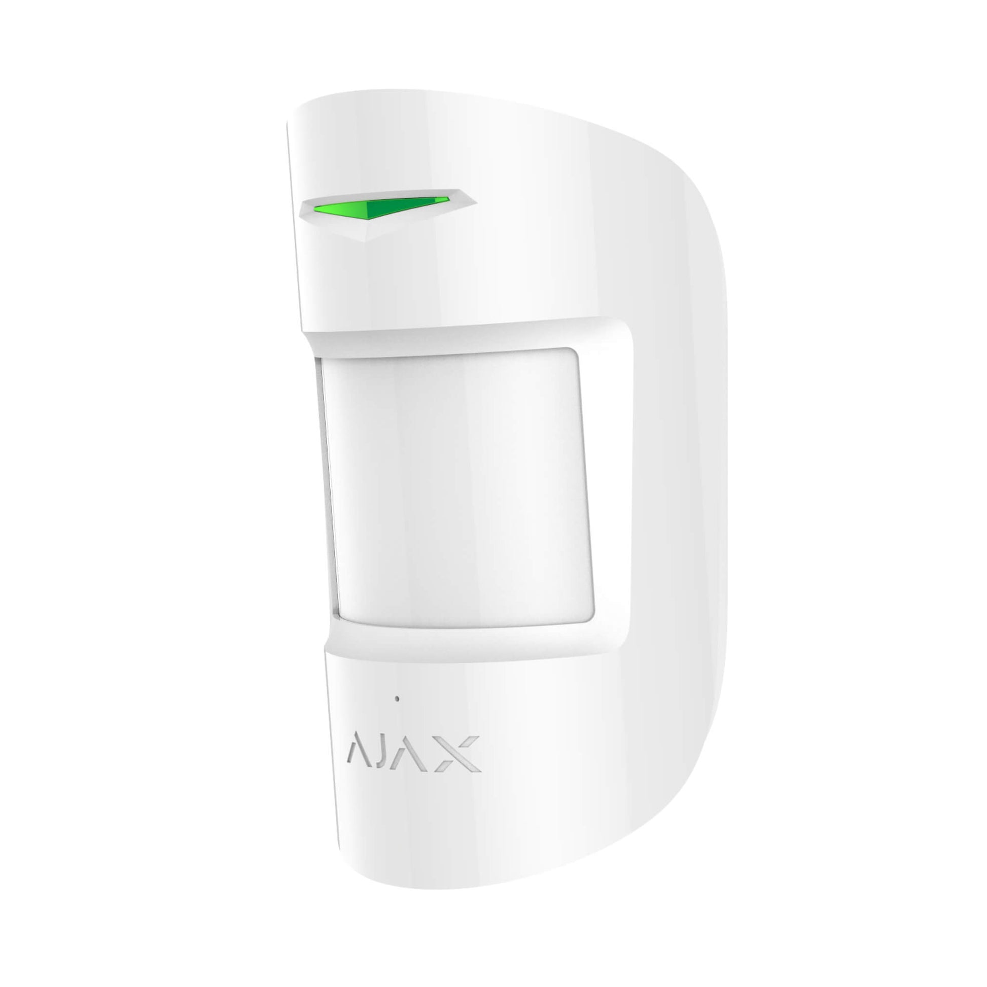 White Ajax CombiProtect Motion and vibration sensor for indoor or outdoor installations for home and business security, 110 × 65 × 50 mm in size, 92 grams in size. Turned right view of device 