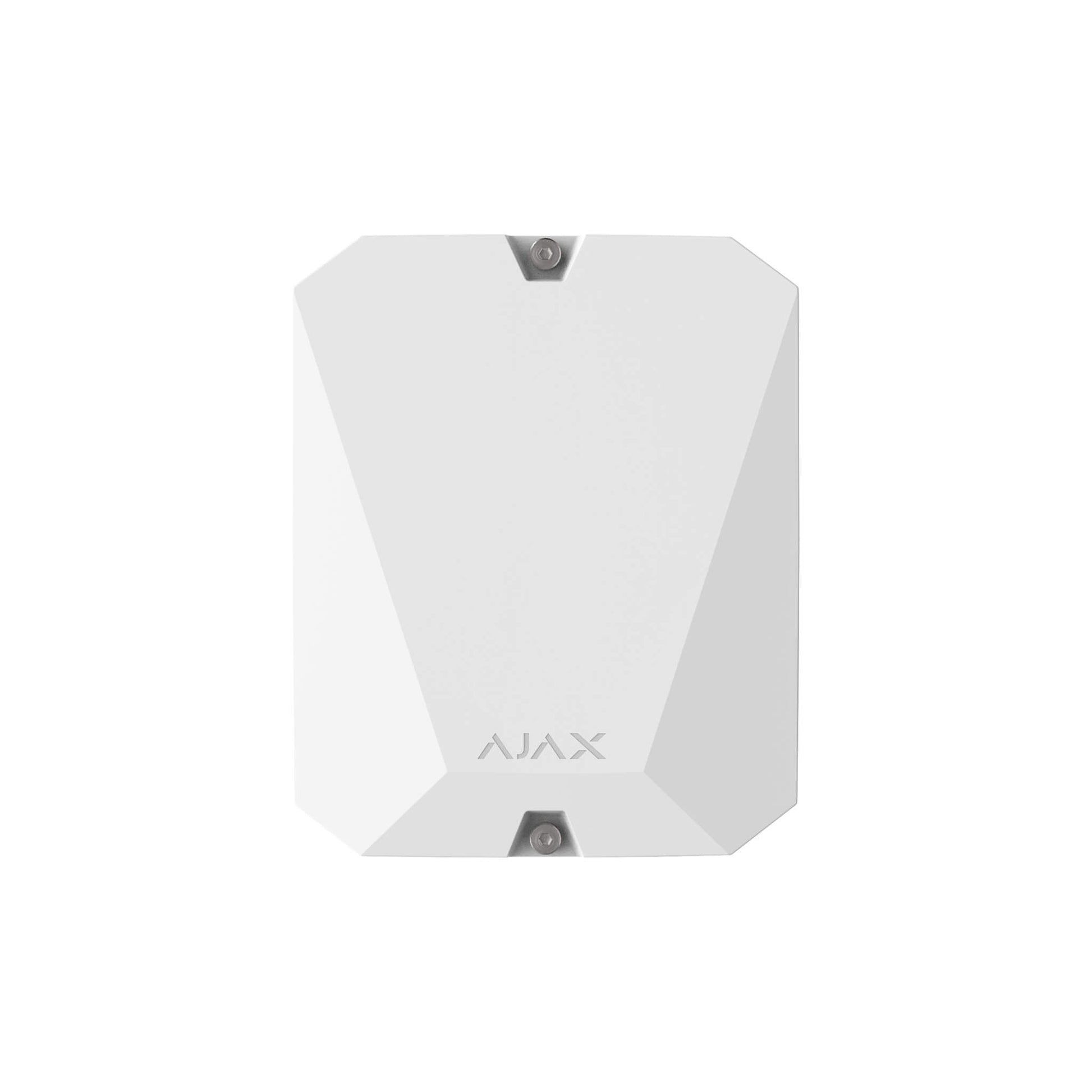 White Ajax VHF Bridge, a module for intergration of third party VHF transmitters, for smart home and business security. Ships in 196 × 238 × 100 mm. Weighs 850grams. For indoor installations ships without a battery. Front view of device.
